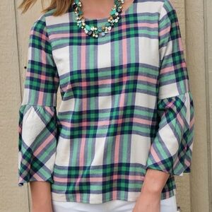 J. Crew Mercantile Plaid Bell-Sleeve Top in Green, Navy & Pink Size 10